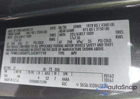 2020 Ford Escape Se из США, поврежденный, VIN 1FMCU0G67LUC01110